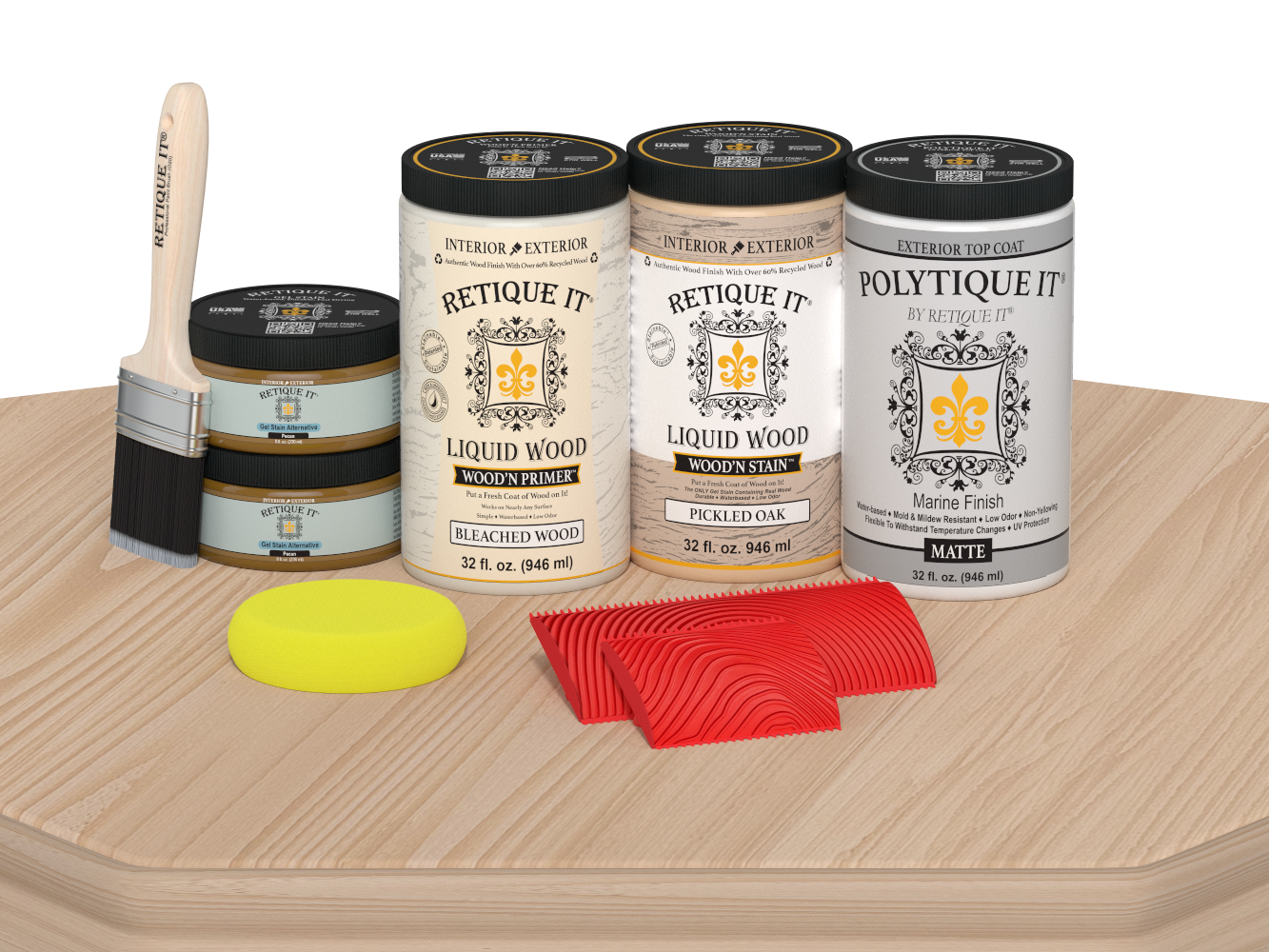 Large White Oak Wood'n Finish Kit by Retique It® with exterior top coat, including matte wood finish products for woodworking projects.