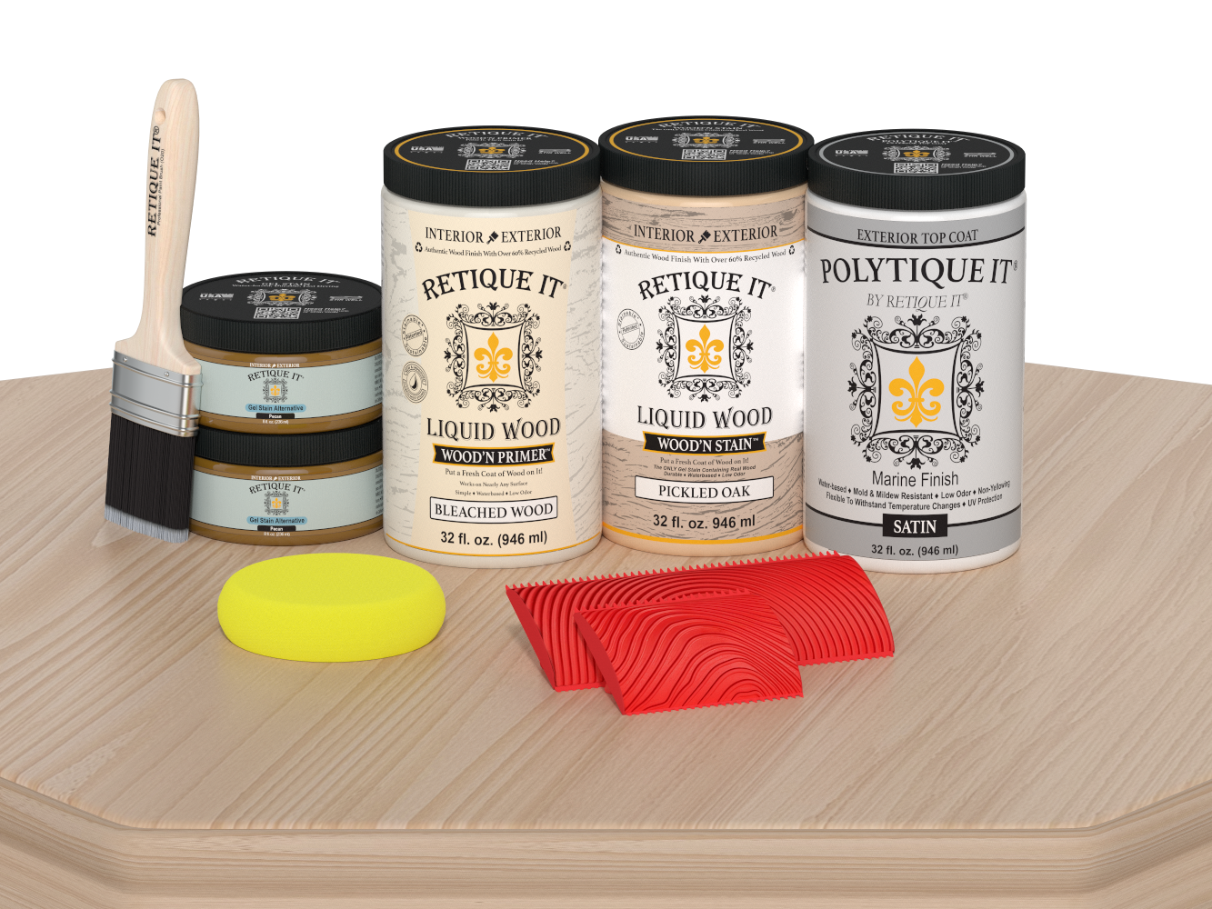 Large White Oak Wood'n Finish Kit by Retique It® with satin exterior top coat on a table surface.