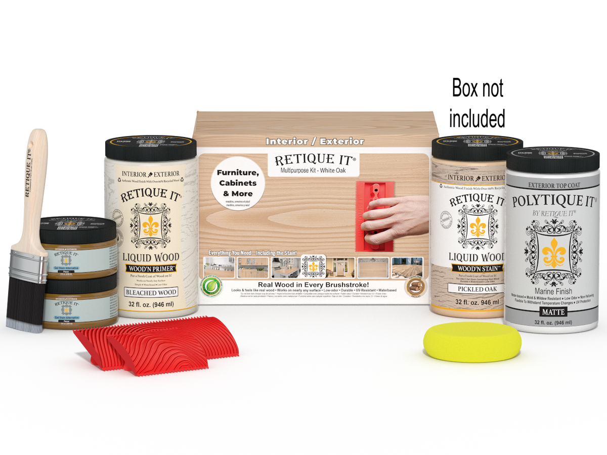Retique It® Wood'n Finish Kit in warm oak color, includes wood stain and finishing supplies for furniture restoration.