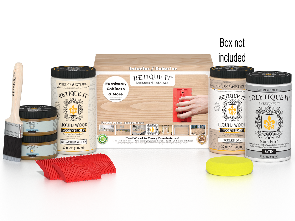 Retique It Wood'n Finish Kit in Walnut Oak, includes applicator tools and finishing supplies in a clear box.