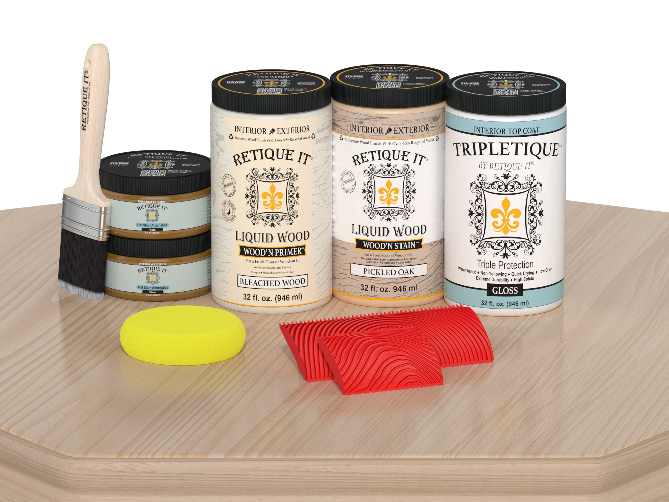 Large White Oak Wood'n Finish Kit by Retique It® for interior top coating, includes applicator tools and gloss finish for woodworking projects.