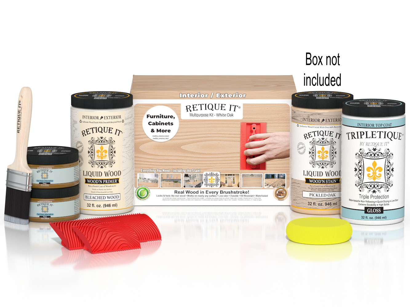 Large White Oak Wood'n Finish Kit by Retique It® for interior top coating, includes wood finish components in a box.