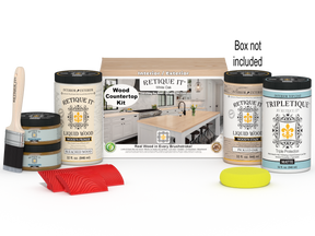 Retique It® White Oak countertop kit with stain, featuring a full kitchen setup and a box of supplies for countertop finishing.