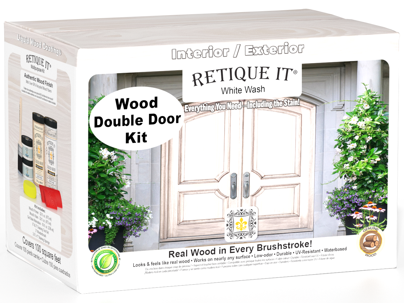 Retique It® Wood'n Finish Front Door Kit in White Wash stain, featuring a double door with natural wood grain and whitewashed finish.