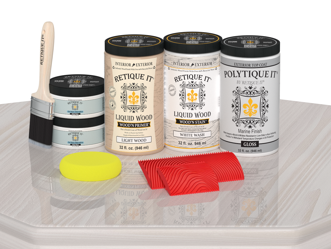Large White Wash Wood'n Finish Kit by Retique It® with glossy exterior top coat displayed on a table.