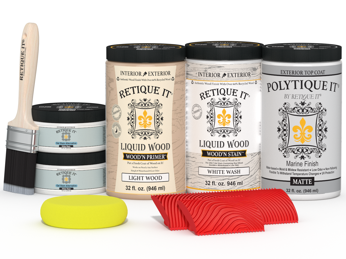 Large White Wash Wood'n Finish Kit by Retique It® with matte exterior top coat and multiple wood finishing tools.