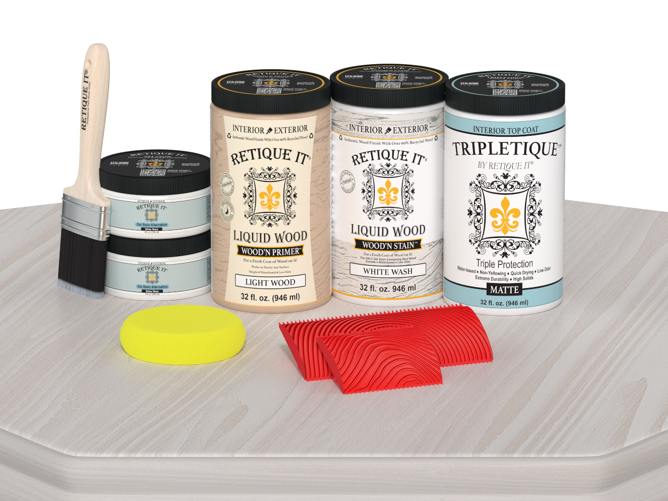 Retique It® Wood'n Cabinet Kit in White Wash stain, featuring 12 grained cabinet doors with matte finish on a tabletop.