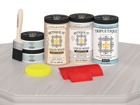 Retique It® Wood'n Finish Kit with four large white wash stain bottles, matte finish for tabletop furniture projects.