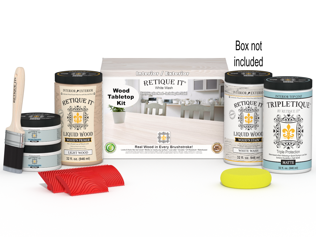 Retique It® Wood'n Finish Kit with four large white wash stain bottles for wood furniture and tabletop finishing.