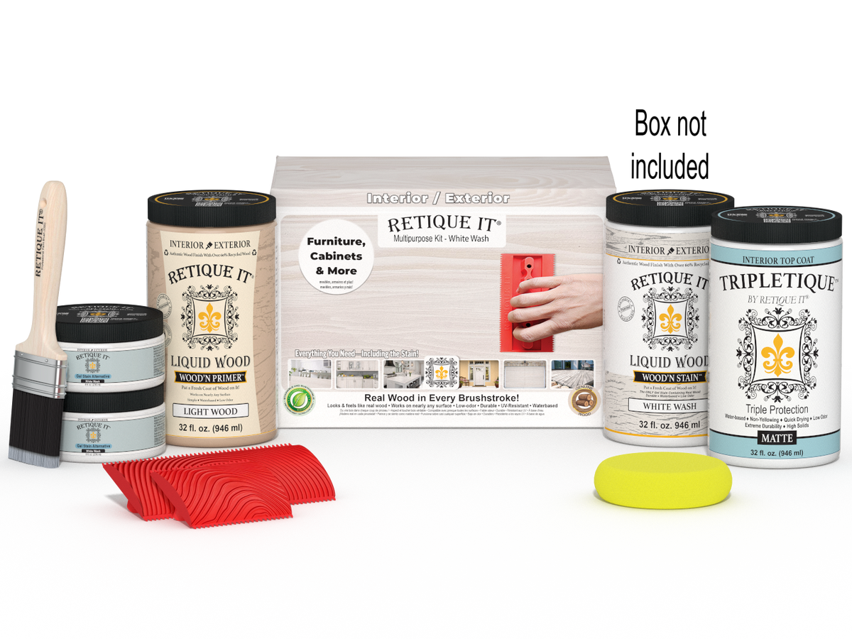 Large White Wash Wood'n Finish Kit by Retique It® for interior wood projects, includes top coat and application tools.
