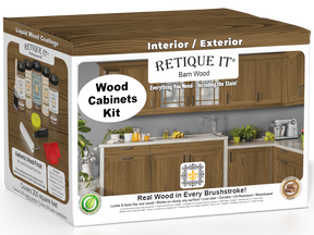 Retique It Wood'n Cabinet Kit with 24 barn wood grain stained cabinet doors featuring a natural wood finish.