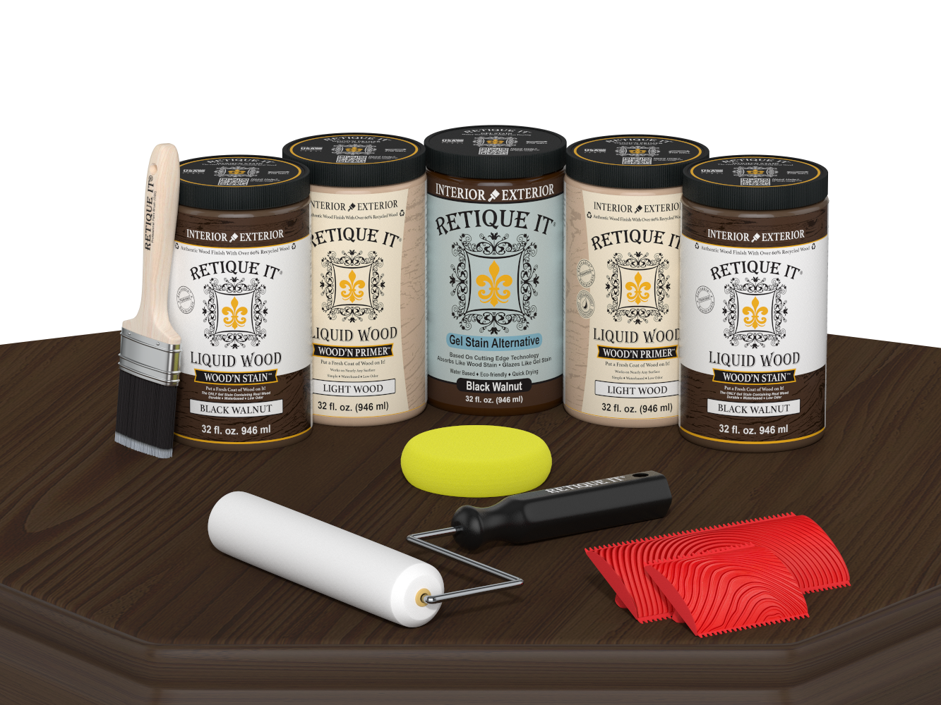 Retique It Black Walnut Kit with Liquid Wood, Black Walnut Gel Stain Alternative, yellow sponge, red graining tool, roller, and brush.