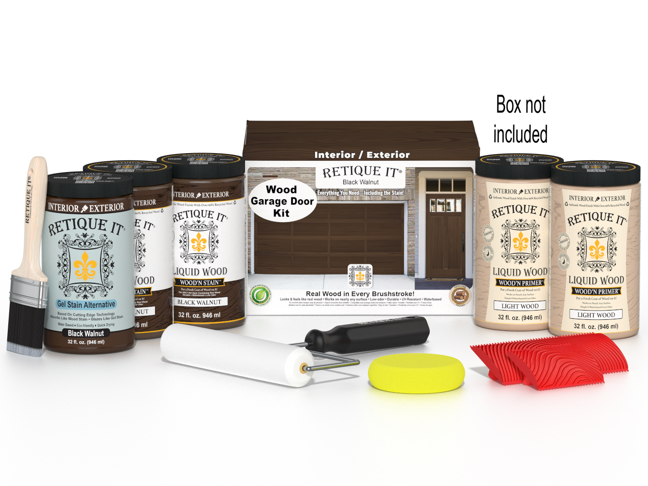 Retique It Black Walnut Wood Garage Door Kit with Liquid Wood, Black Walnut Gel Stain Alternative, yellow sponge, red graining tool, roller, brush, and kit box.