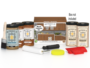 Retique It Wood'n Cabinet Kit with 24 cedar-grained doors and stains, shown in a box with cabinet door details.