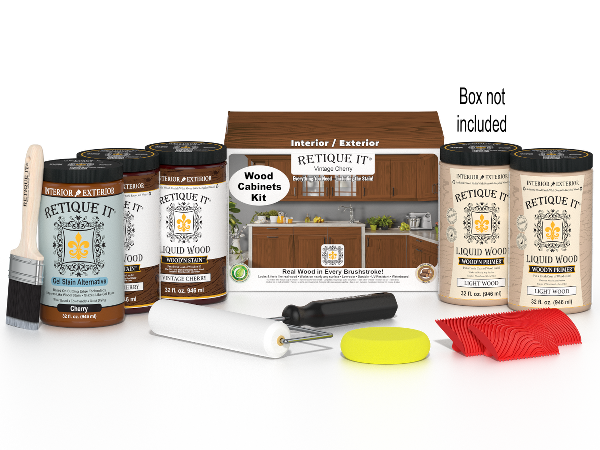 Retique It® Wood'n Cabinet Kit with vintage cherry stained grain doors, ready for kitchen or bathroom cabinet renovation.