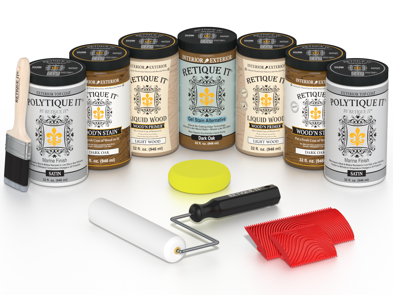 Retique It Dark Oak Kit with Liquid Wood, Dark Oak Gel Stain Alternative, Politique It Satin Finish, yellow sponge, red graining tool, roller, and brush.