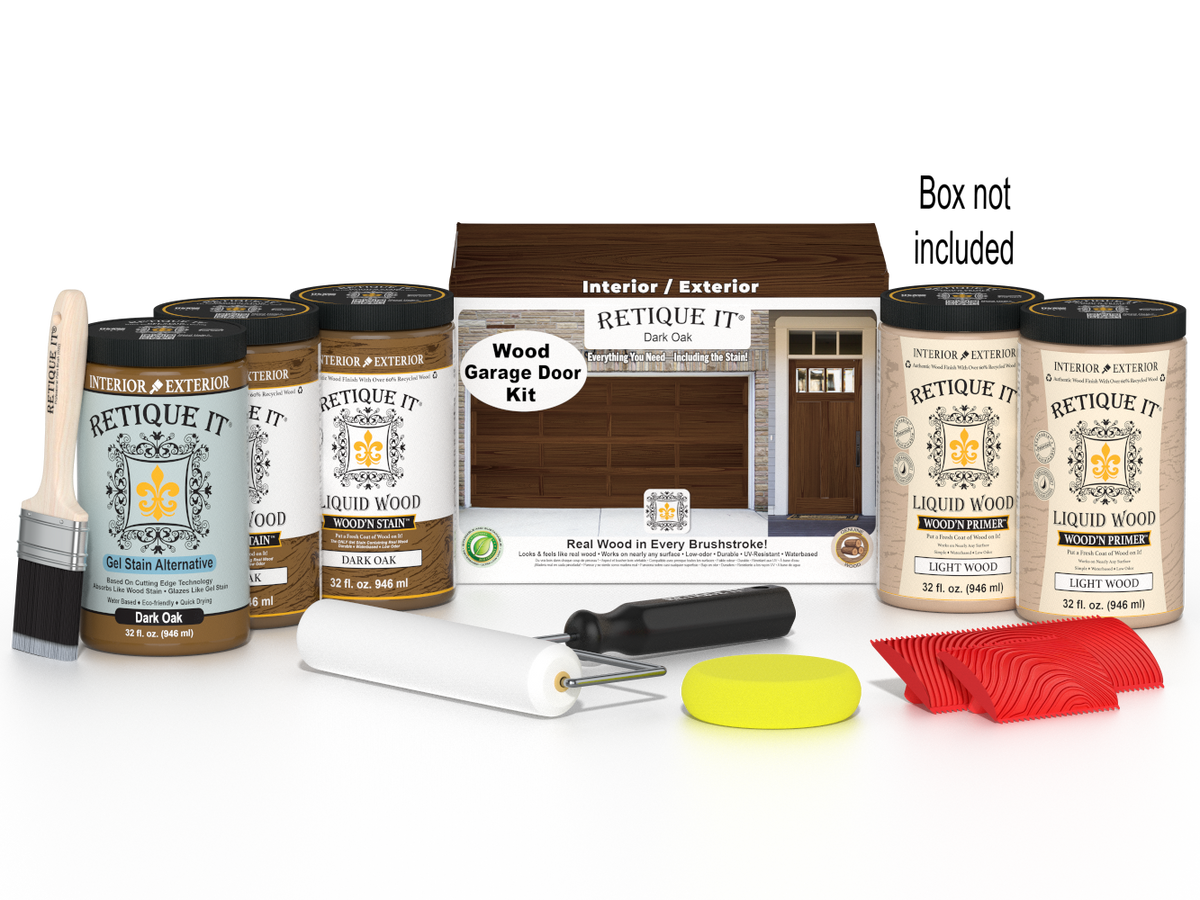 Retique It Dark Oak Wood Garage Door Kit with Liquid Wood, Dark Oak Gel Stain Alternative, yellow sponge, red graining tool, roller, brush, and kit box.