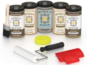 Retique It® Wood'n Cabinet Kit in Drift Wood stain, featuring 24 grained cabinet doors with a natural wood finish.