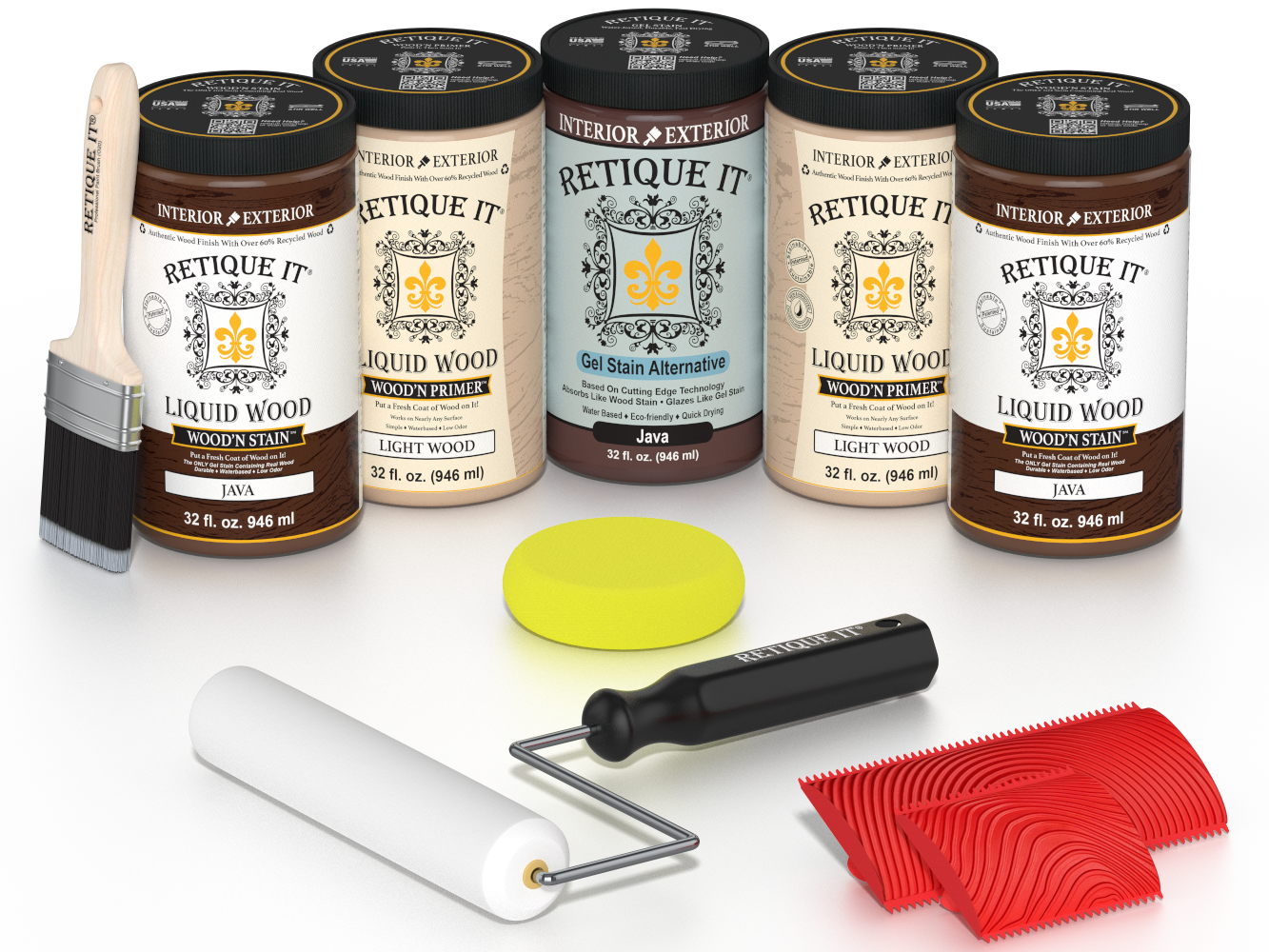 Retique It® Wood'n Cabinet Kit Java stain with 24 grained cabinet doors, showcasing natural wood grain and rich Java color.