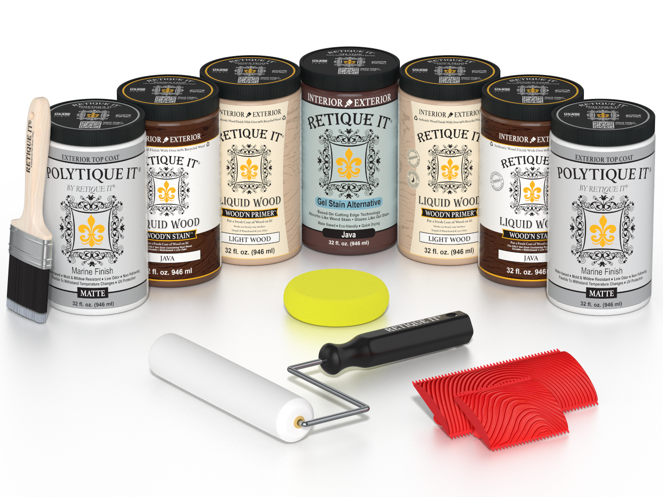 Retique It Java Wood'n Kit with Matte PolyTique It top coat, featuring Java Liquid Wood stain, Light Wood primer, Java Gel Stain Alternative, paint brush, white roller, yellow sponge, and red graining tools.