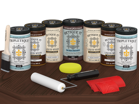 Retique It® Wood'n Cabinet Kit Java stain with 24 grained cabinet doors, satin finish, shown on a wood table.