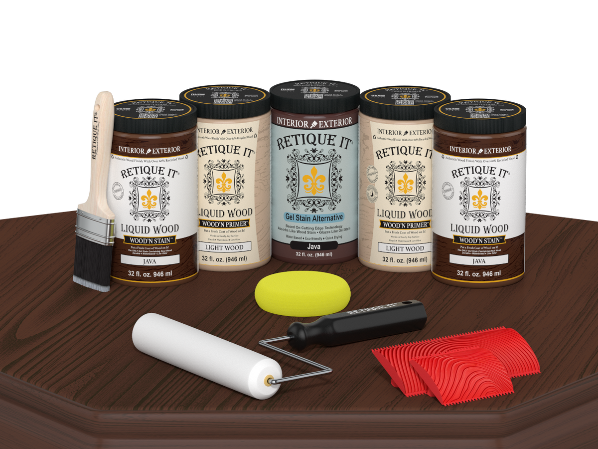 Retique It® Wood'n Cabinet Kit Java stain with 24 grained cabinet doors displayed on a table for a natural wood look.