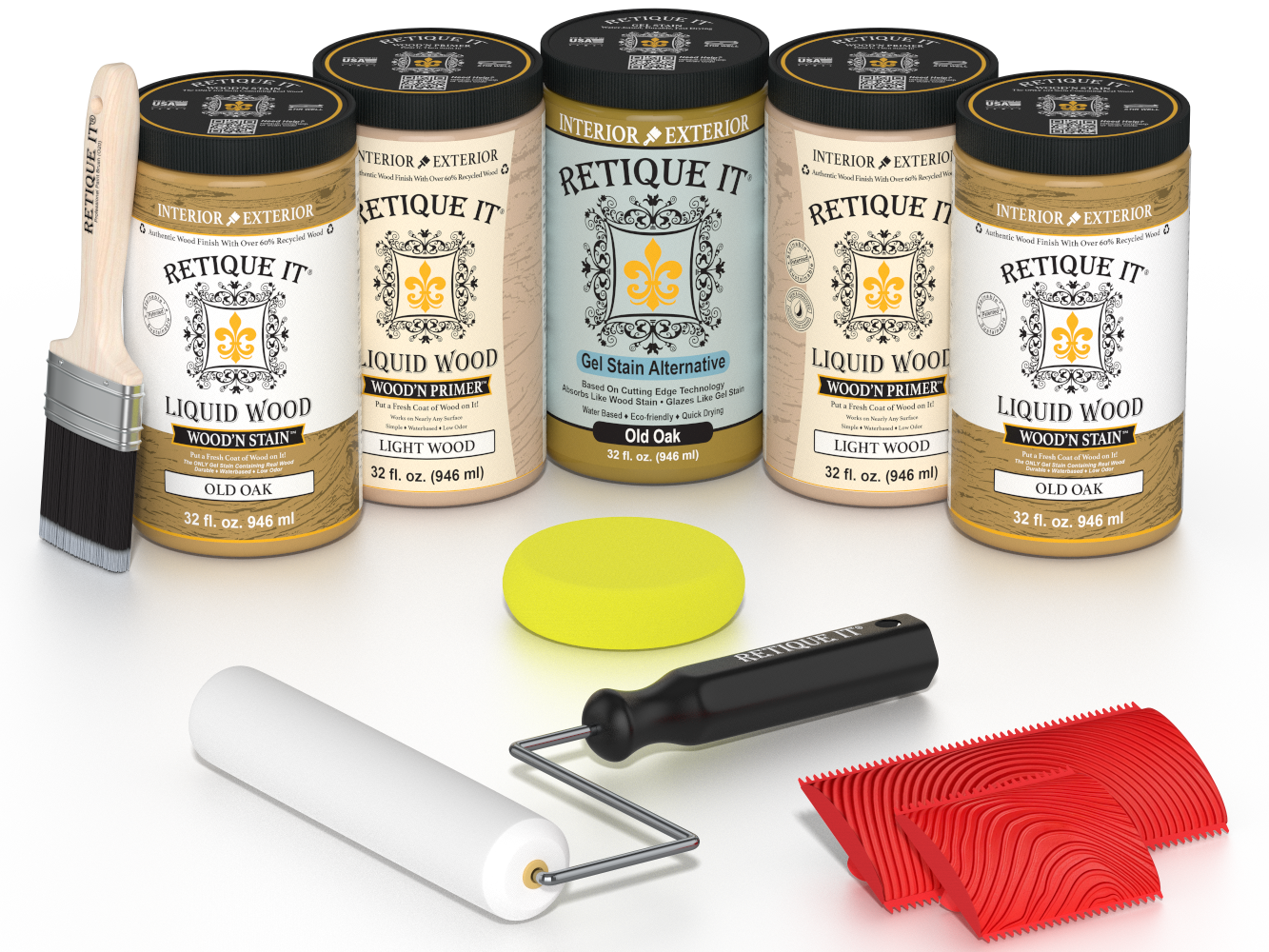 Retique It Old Oak Wood'n Kit featuring Old Oak Liquid Wood stain, Light Wood primer, Old Oak Gel Stain Alternative, paint brush, white roller, yellow sponge, and red graining tools.