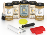 Retique It Old Oak Wood'n Kit featuring Old Oak Liquid Wood stain, Light Wood primer, Old Oak Gel Stain Alternative, paint brush, white roller, yellow sponge, and red graining tools.