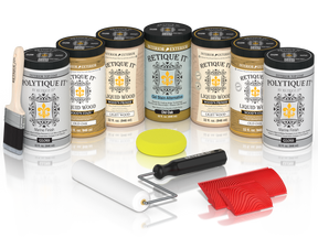 Retique It Old Oak Wood'n Kit with Gloss PolyTique It top coat, featuring Old Oak Liquid Wood stain, Light Wood primer, Old Oak Gel Stain Alternative, paint brush, white roller, yellow sponge, and red graining tools.