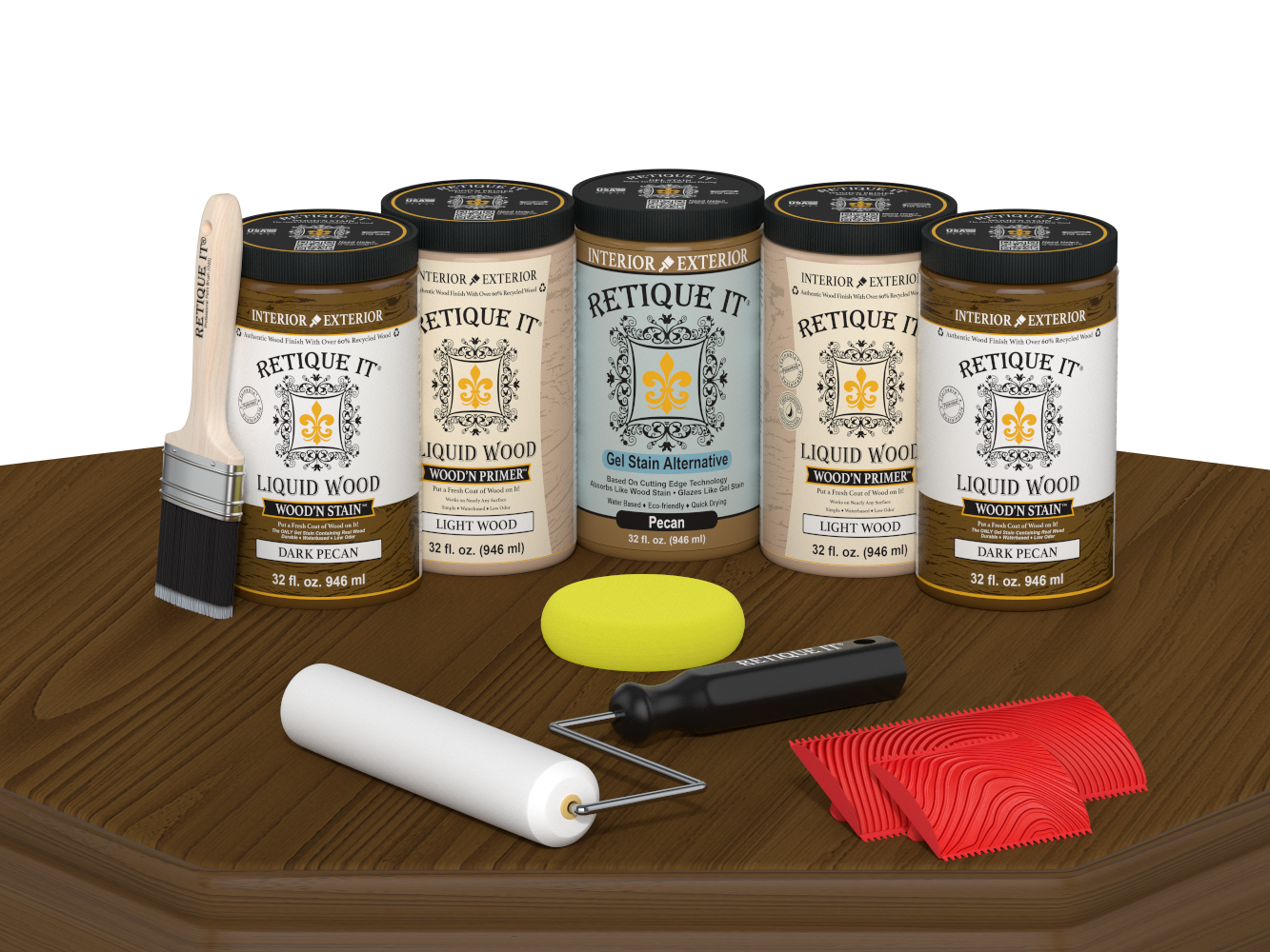 Retique It® Wood'n Cabinet Kit in Dark Pecan stain, includes 24 grained wood cabinet doors displayed on a table.