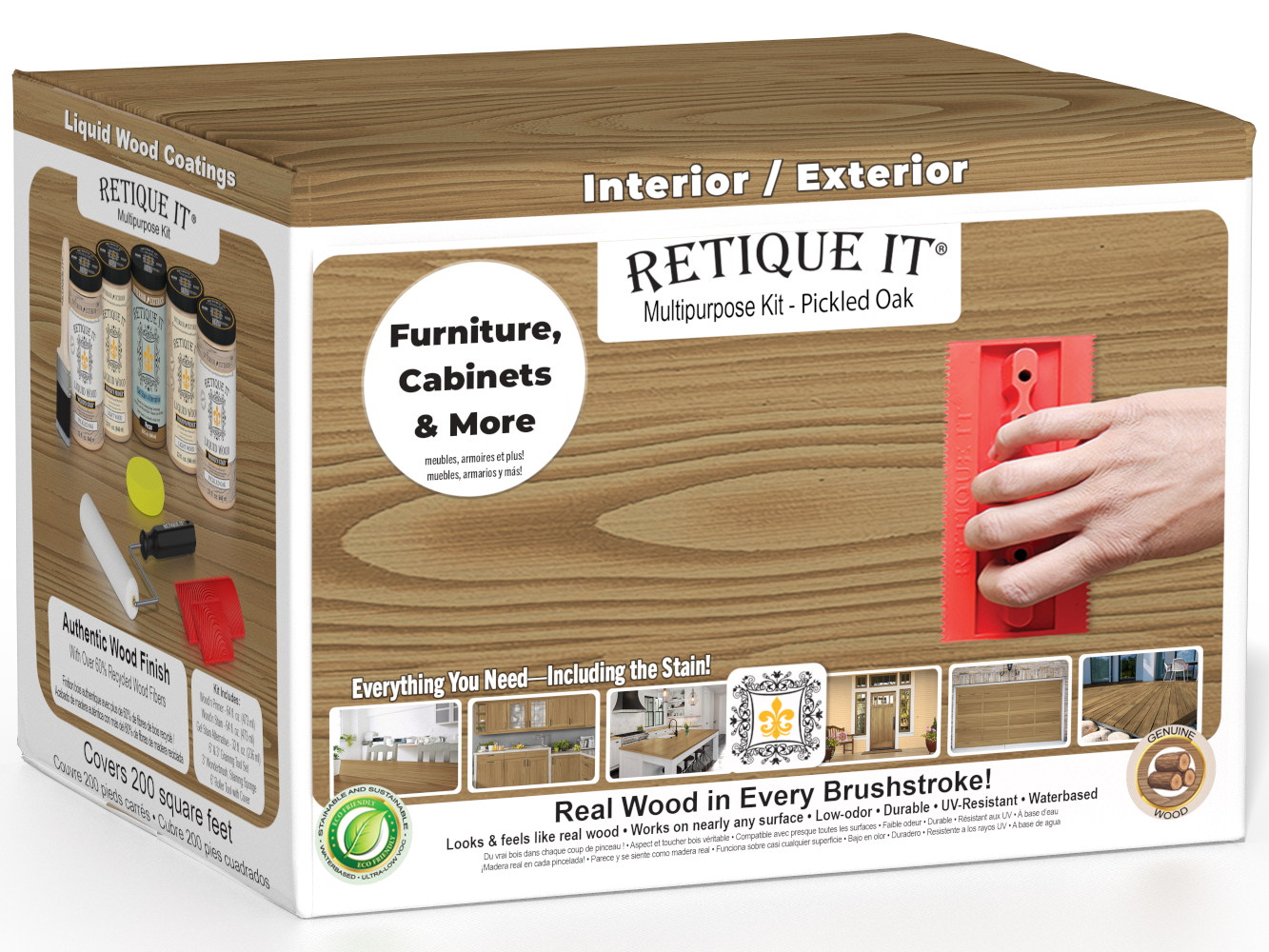 Large Wood'n Kit by Retique It® in Pickled Oak finish, including brushes and finishing supplies for wood projects.
