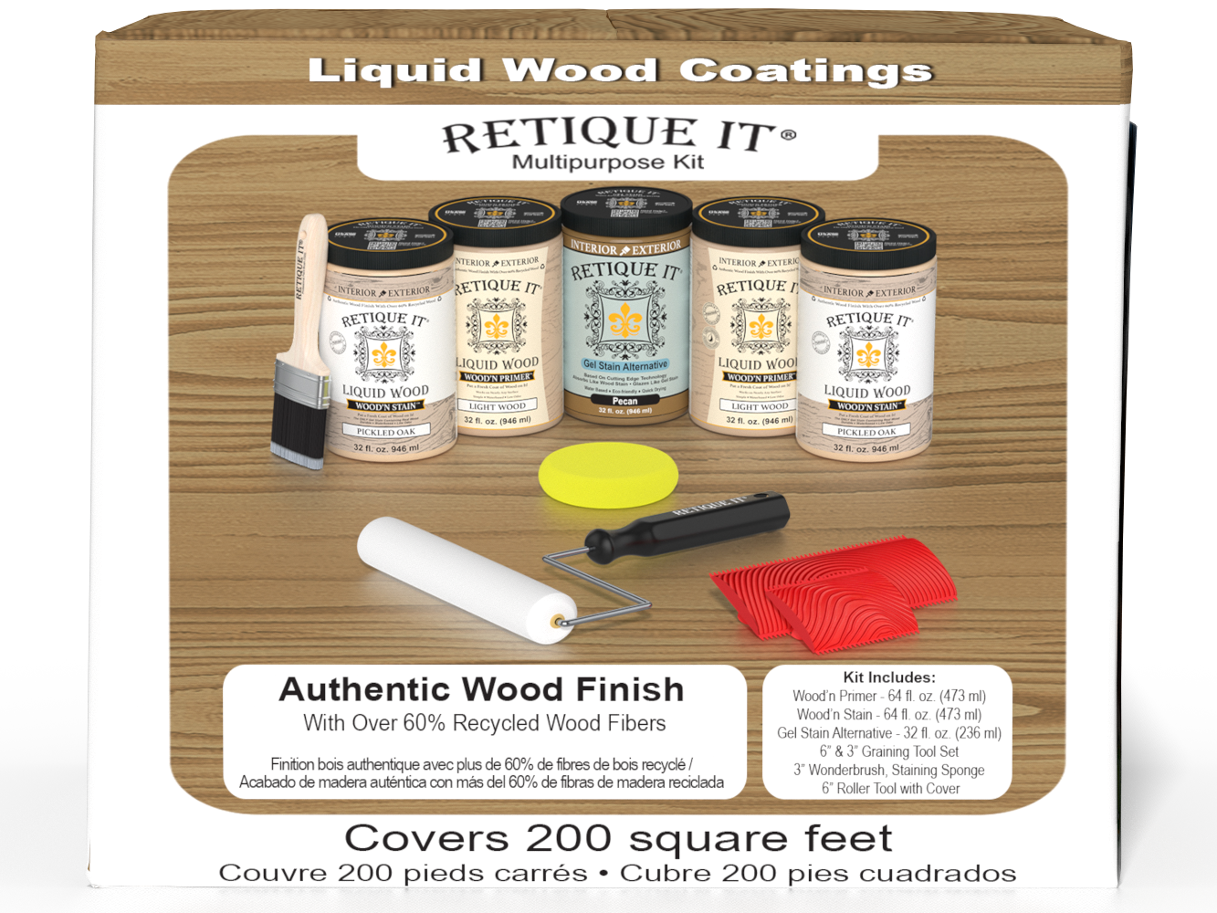 Large Wood'n Kit by Retique It® in Pickled Oak finish, featuring natural wood stain and finishing supplies in a box.