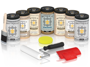 Retique It Pickled Oak Kit with Liquid Wood, Pecan Gel Stain Alternative, Politique It Gloss Finish, yellow sponge, red graining tool, rollers, and brush.
