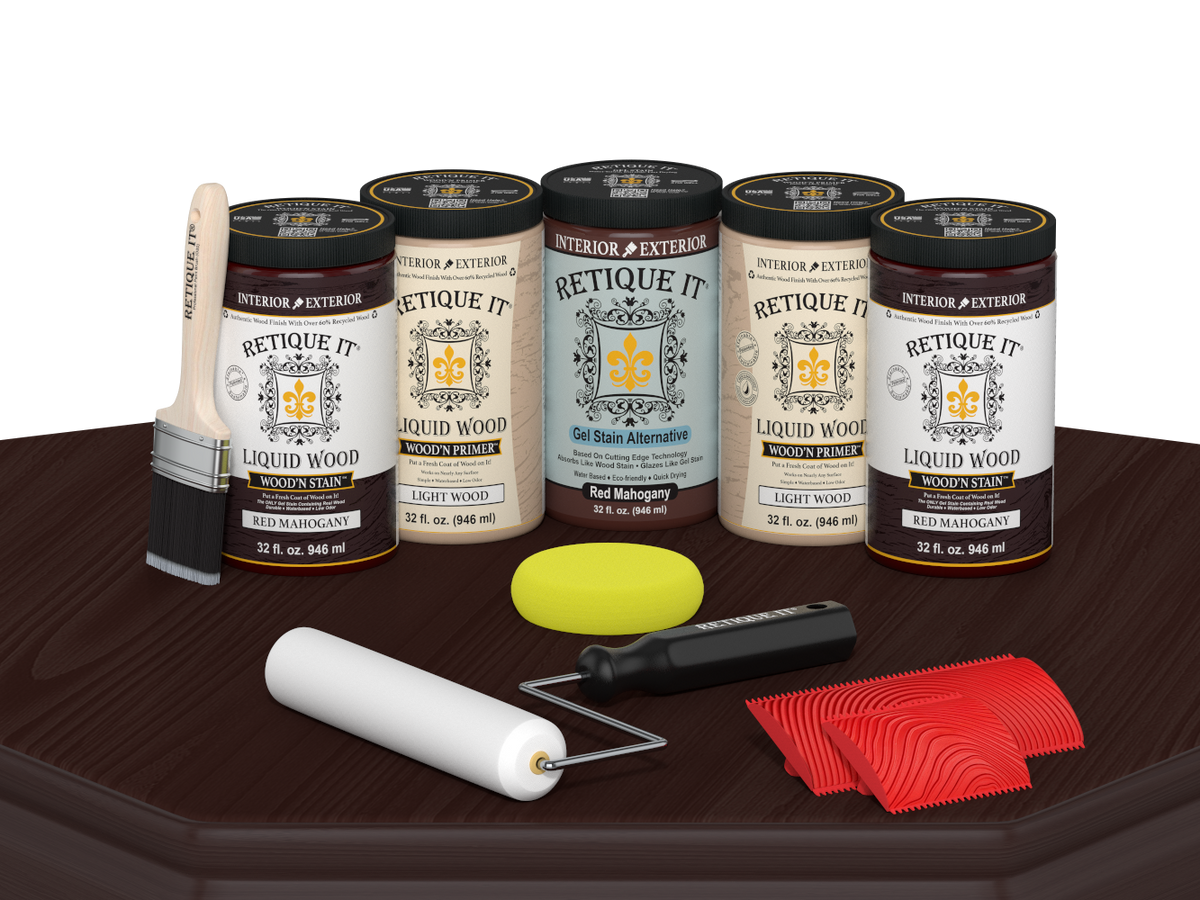 Retique It Wood'n Cabinet Kit with 24 red mahogany stained cabinet doors, displaying wood grain and stain finish on a table.