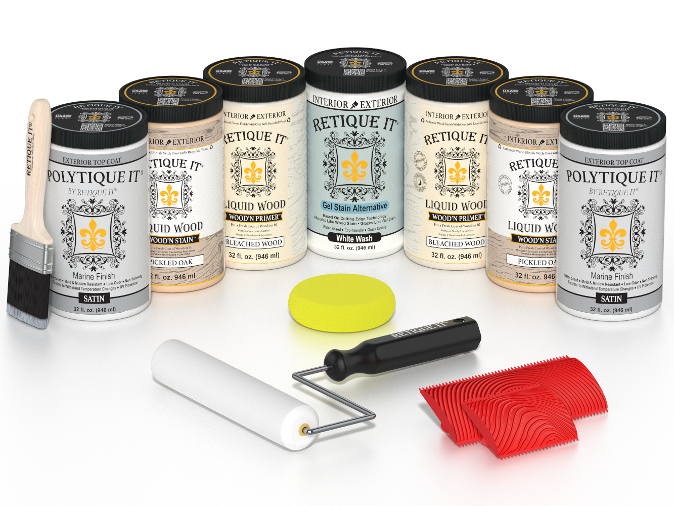 Retique It Sun Bleached finishing system with PolyTique It Satin top coat, Wood'n Primer, Pickled Oak stain, White Wash Gel Stain Alternative, paintbrush, roller, yellow sponge, and red graining tools.