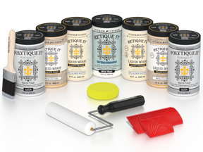 Retique It Sun Bleached finishing system with PolyTique It Satin top coat, Wood'n Primer, Pickled Oak stain, White Wash Gel Stain Alternative, paintbrush, roller, yellow sponge, and red graining tools.