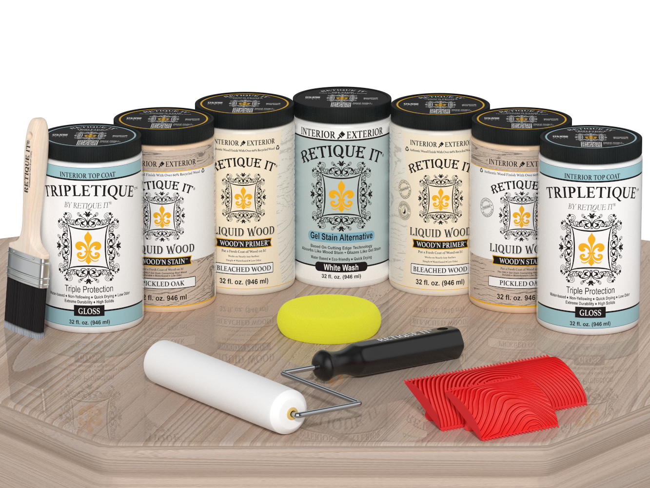 Retique It® Wood'n Cabinet Kit with 24 sun-bleached grained doors, glossy wood finish, displayed on a table.