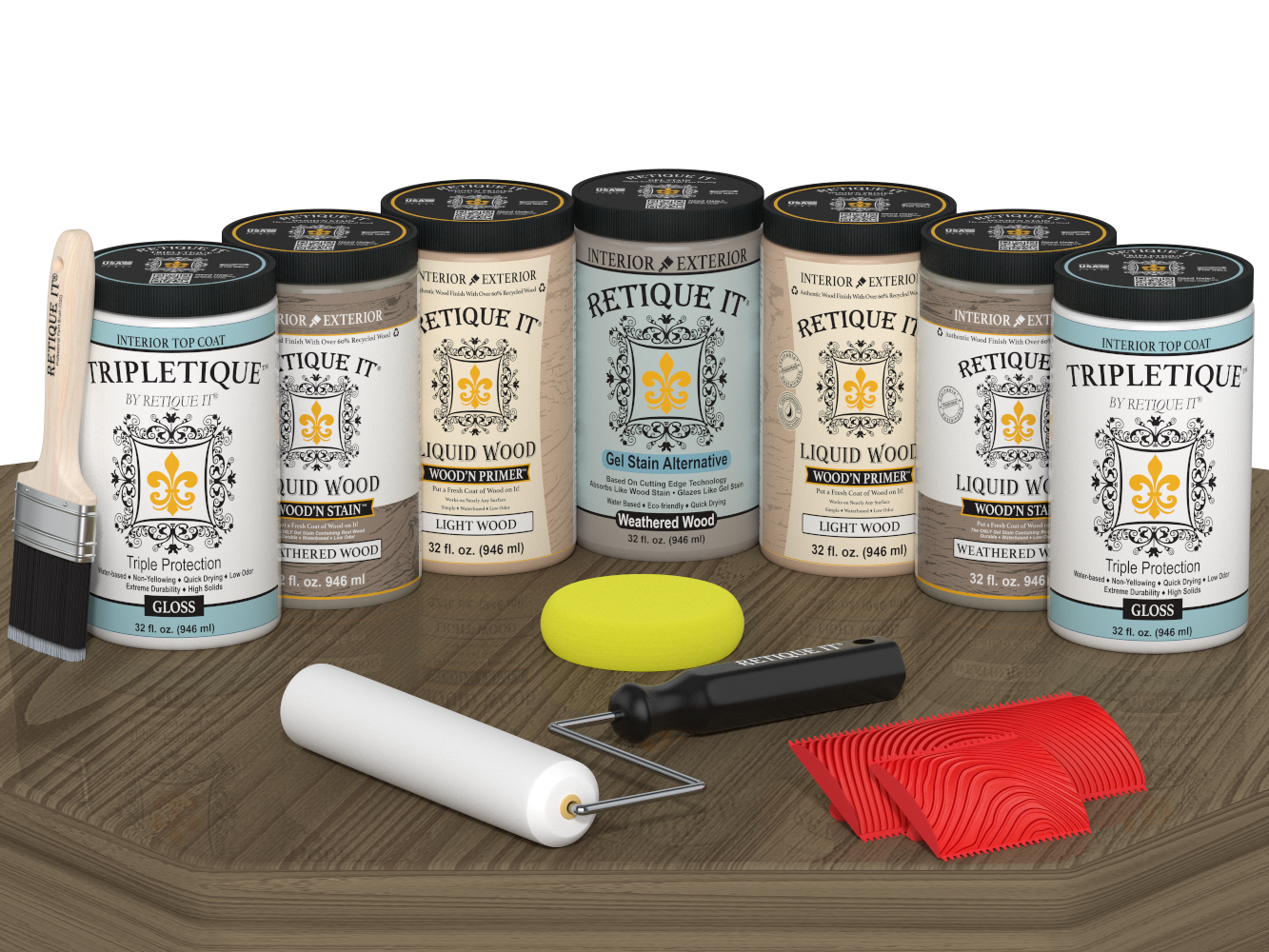 Retique It® Wood'n Cabinet Kit with weathered wood stain, 24 door panels, glossy finish, showcasing textured, grained wood surface