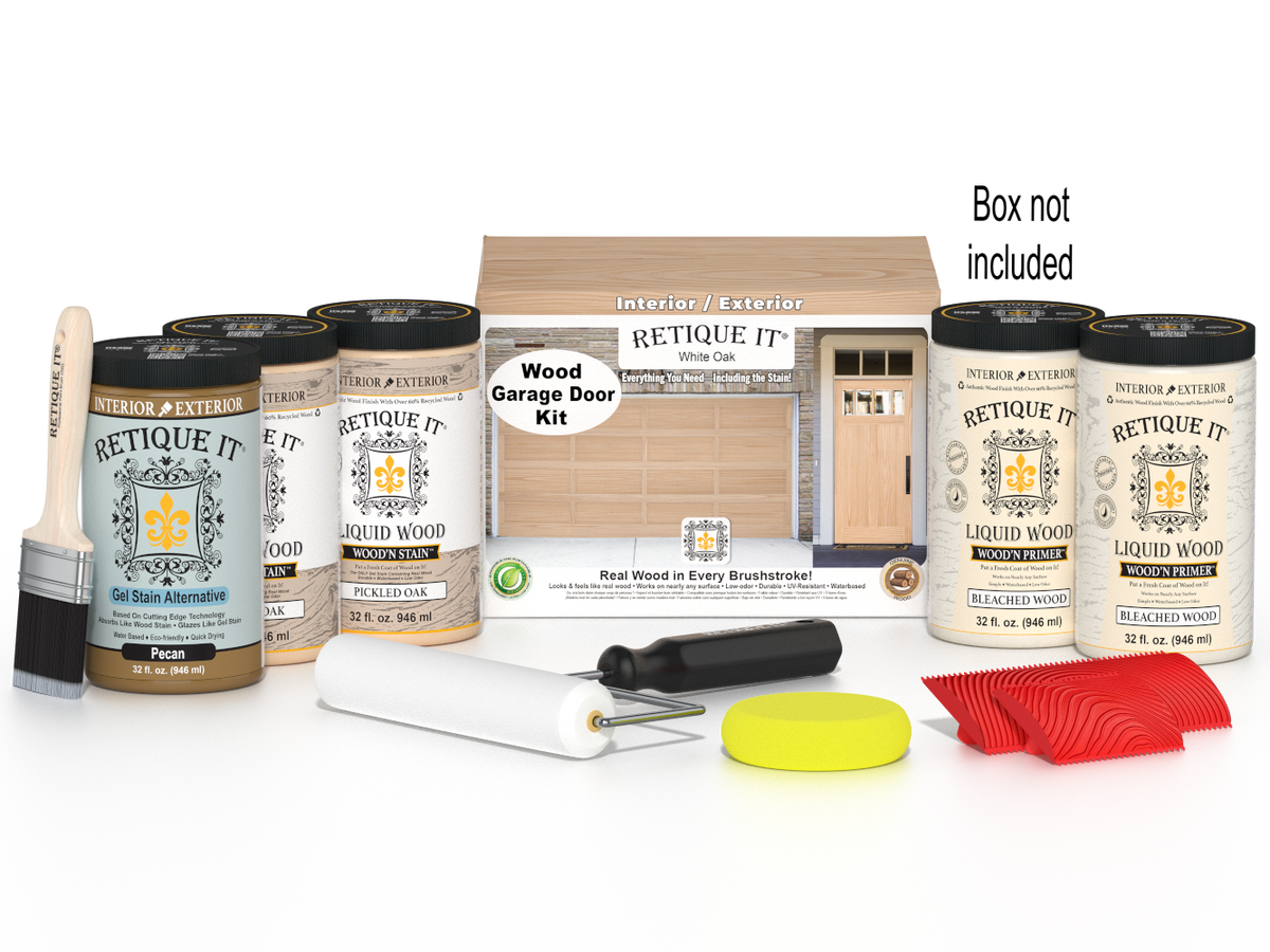 Retique It White Oak Wood Garage Door Kit with Liquid Wood, Pecan Gel Stain Alternative, yellow sponge, red graining tool, roller, brush, and kit box.