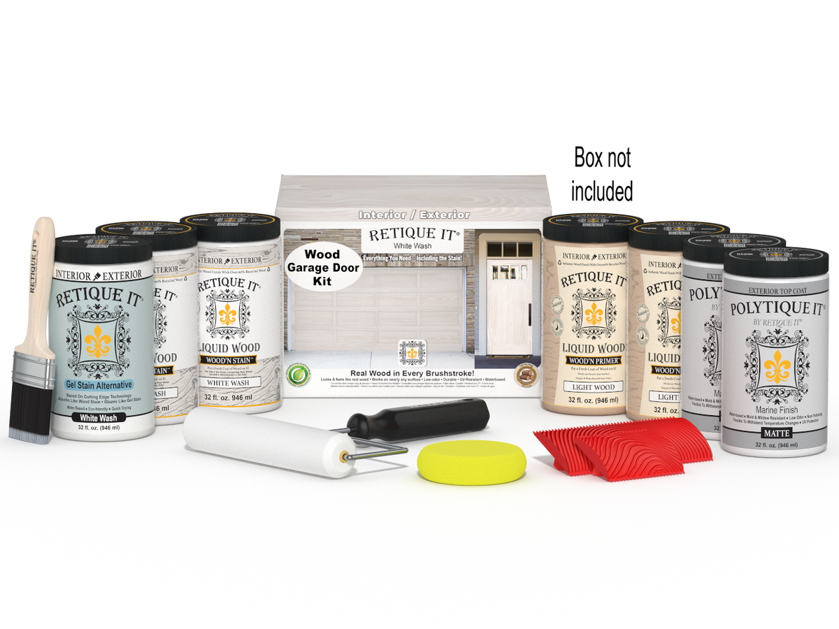 Retique It® Wood'n Door Kit with white wash stain for front and garage doors, includes application tools and packaging.