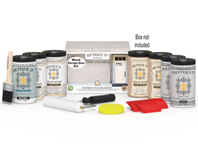 Retique It® Wood'n Door Kit with white wash stain for front and garage doors, includes application tools and packaging.