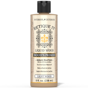 Retique It® Liquid Wood Wood'n Primer in Light Wood, 8 fl oz bottle, showing the primer's packaging and label.