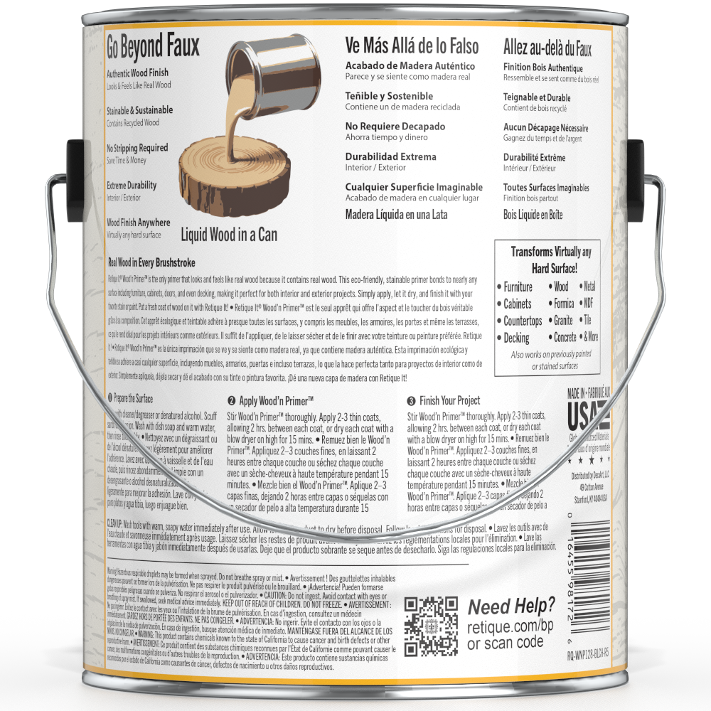 Retique It® Liquid Wood Wood'n Primer in bleached wood finish, 128 fl oz, showing the primer applied on a surface for wood projects.