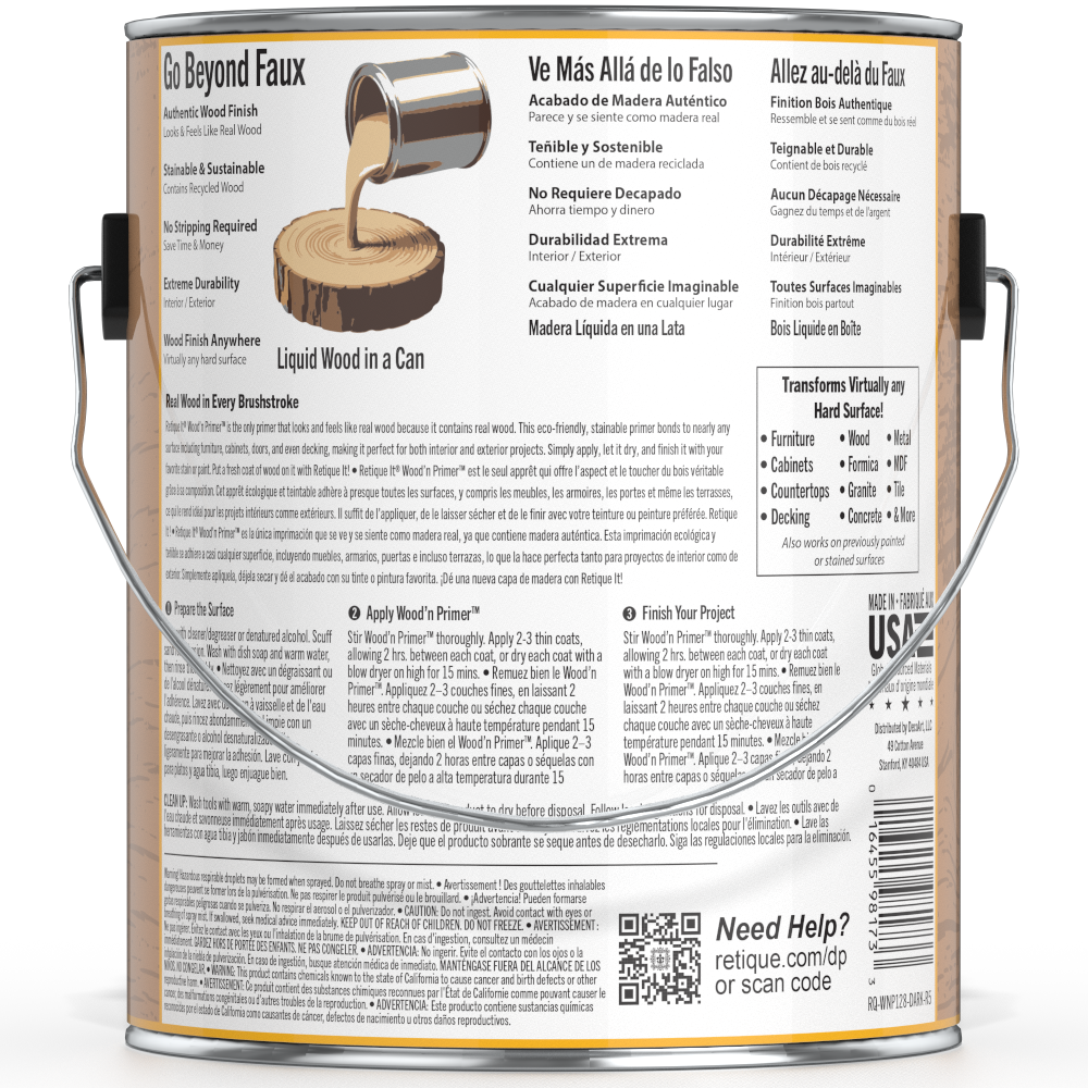 Retique It® Liquid Wood Wood'n Primer in dark wood finish, 128 fl oz, showing the primer applied to wood surface.