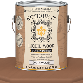 Dark wood Liquid Wood Wood'n Primer by Retique It® in 128 fl oz container, ready to prepare wood surfaces for staining or finishing.