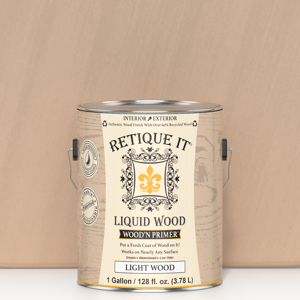 Swatch of Retique It Liquid Wood Wood'n Primer in Light Wood color, 128 fl oz, showing the primer's light wood tone and texture.