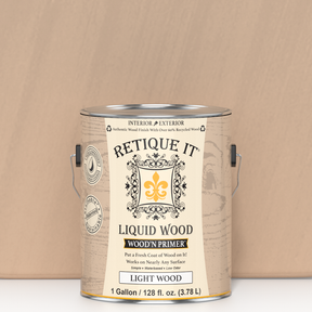 Swatch of Retique It Liquid Wood Wood'n Primer in Light Wood color, 128 fl oz, showing the primer's light wood tone and texture.