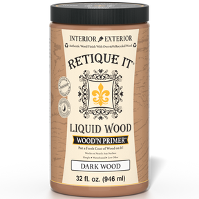 Dark wood liquid primer by Retique It® in a 32 fl oz container, designed for preparing surfaces for wood finishes.