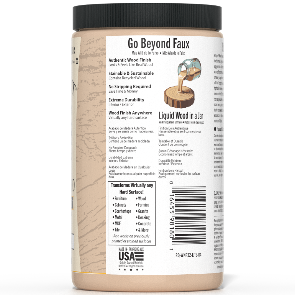 Retique It Liquid Wood Wood'n Primer in light wood color, 32 fl oz bottle, used for wood surface preparation and finishing.