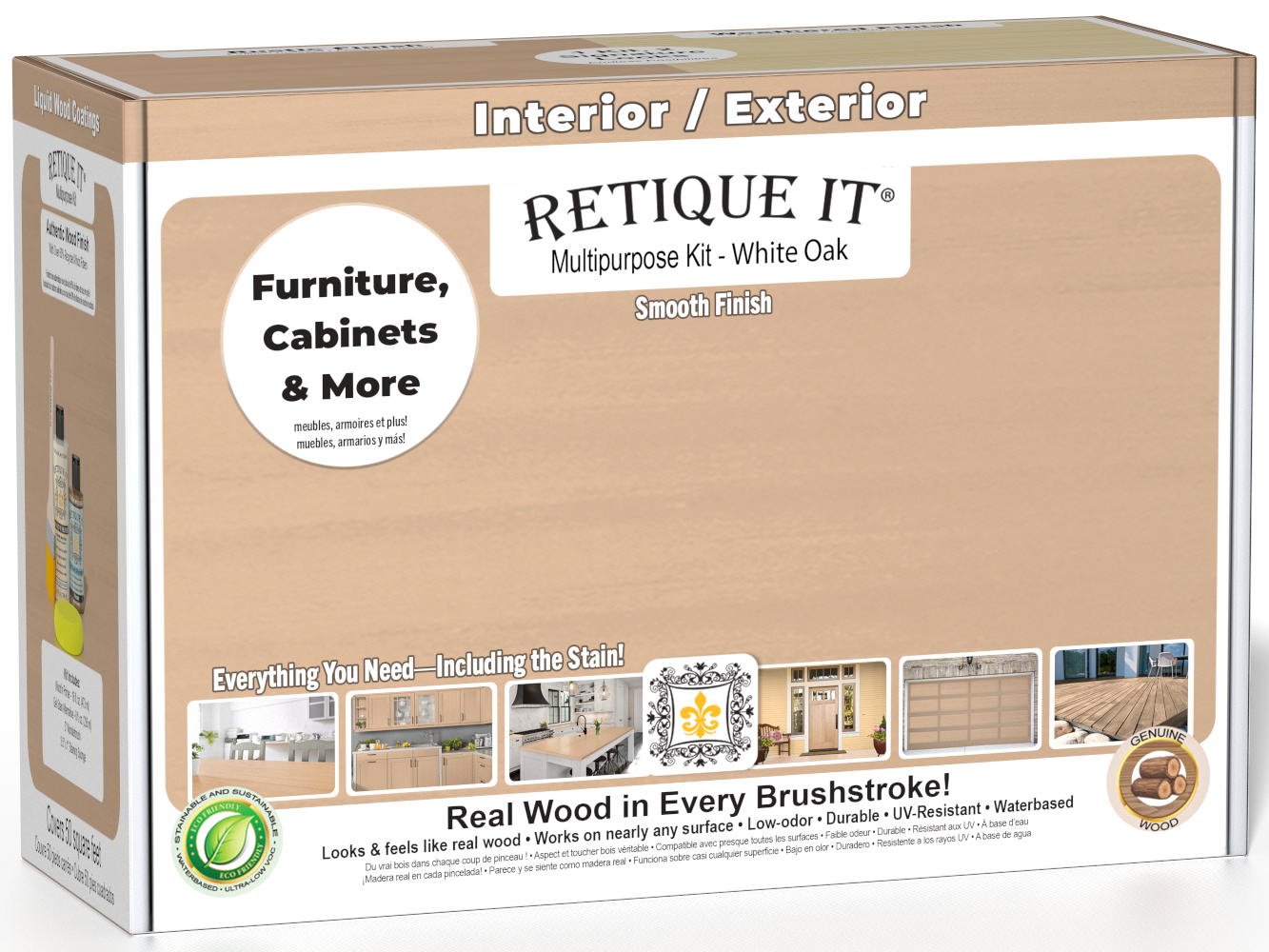 Retique It® Multi-purpose Smooth Finish Kit in White Oak, wood finish kit with applicator tools and sample wood surface.